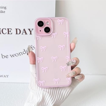 NITITOP Compatible with iPhone 15 Plus Case Cute Clear Pink Durable Ribbon Bowknot Pattern for Girls Women Soft TPU Transparent Full Camera Lens Shockproof Protective Phone Cover - Pink