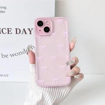 NITITOP Compatible with iPhone 15 Plus Case Cute Clear Pink Durable Ribbon Bowknot Pattern for Girls Women Soft TPU Transparent Full Camera Lens Shockproof Protective Phone Cover - Pink