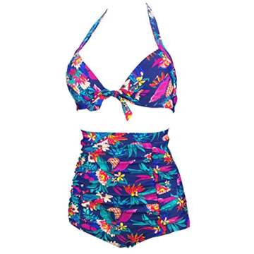COCOSHIP Navy & Yellow Pineapple & Red Floral Tie Front Floral Top Halter High Waist Bikini Set Ruched Bathing Suit S