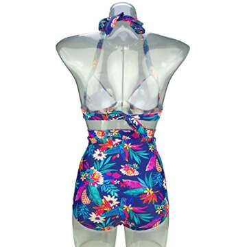 COCOSHIP Navy & Yellow Pineapple & Red Floral Tie Front Floral Top Halter High Waist Bikini Set Ruched Bathing Suit S