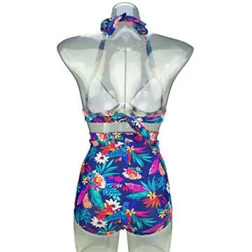 COCOSHIP Navy & Yellow Pineapple & Red Floral Tie Front Floral Top Halter High Waist Bikini Set Ruched Bathing Suit S