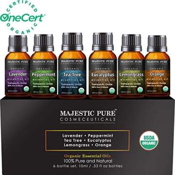 MAJESTIC PURE Aromatherapy Essential Oils Set, Organic Certified Essential Oil Set Includes Lavender, Peppermint, Tea Tree, Eucalyptus, Lemongrass and Orange Oils - Pack of 6-10 ml Each