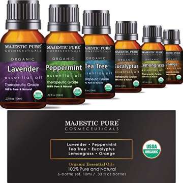 MAJESTIC PURE Aromatherapy Essential Oils Set, Organic Certified Essential Oil Set Includes Lavender, Peppermint, Tea Tree, Eucalyptus, Lemongrass and Orange Oils - Pack of 6-10 ml Each