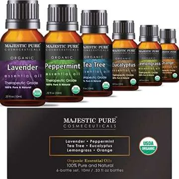 MAJESTIC PURE Aromatherapy Essential Oils Set, Organic Certified Essential Oil Set Includes Lavender, Peppermint, Tea Tree, Eucalyptus, Lemongrass and Orange Oils - Pack of 6-10 ml Each