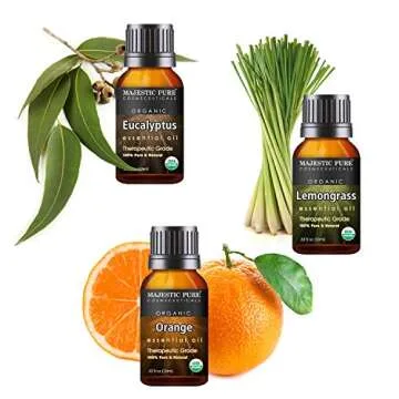 MAJESTIC PURE Aromatherapy Essential Oils Set, Organic Certified Essential Oil Set Includes Lavender, Peppermint, Tea Tree, Eucalyptus, Lemongrass and Orange Oils - Pack of 6-10 ml Each