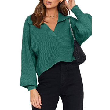 CHYRII Women Casual Oversized Puff Long Sleeve V Neck Knitted Pullover Sweater Dark Green
