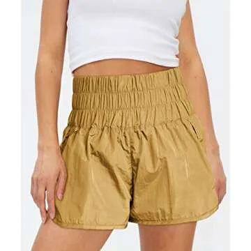 AUTOMET Womens High Waisted Athletic Shorts Elastic Casual Summer Running Shorts Quick Dry Gym Workout Shorts Gold