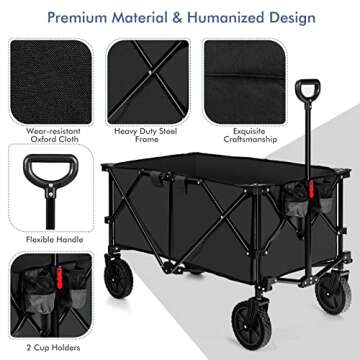 Goplus Collapsible Wagon, Folding Utility Wagon Cart w/Universal Wheels & Adjustable Handle & Cover Bag, Grocery Wagon for Garden Shopping Camping (Black)
