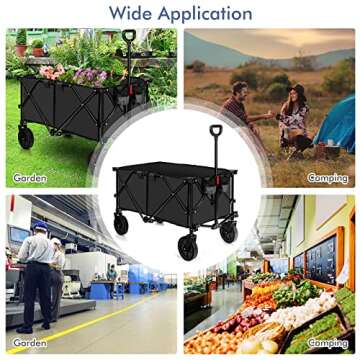 Goplus Collapsible Wagon, Folding Utility Wagon Cart w/Universal Wheels & Adjustable Handle & Cover Bag, Grocery Wagon for Garden Shopping Camping (Black)