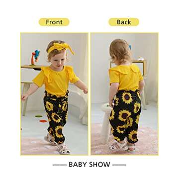 veikimous Infant Baby Girl Clothes Baby Girl Sunflower Outfits Ruffle Romper Long Floral Pants Cute ...