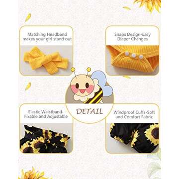 veikimous Infant Baby Girl Clothes Baby Girl Sunflower Outfits Ruffle Romper Long Floral Pants Cute Baby Clothes Girl Yellow 3-6 Months