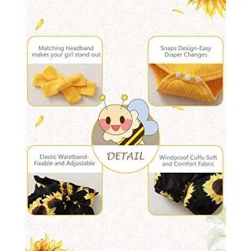 veikimous Infant Baby Girl Clothes Baby Girl Sunflower Outfits Ruffle Romper Long Floral Pants Cute Baby Clothes Girl Yellow 3-6 Months