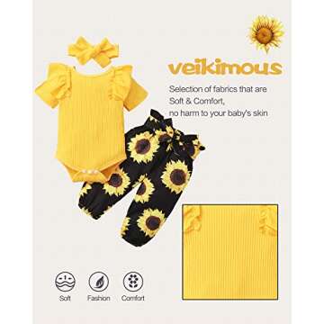 veikimous Infant Baby Girl Clothes Baby Girl Sunflower Outfits Ruffle Romper Long Floral Pants Cute Baby Clothes Girl Yellow 3-6 Months