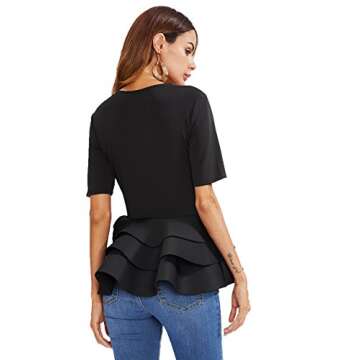 ROMWE Women's Vintage Layered Ruffle Hem Slim Fit Round Neck Peplum Blouse Black L