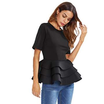 ROMWE Women's Vintage Layered Ruffle Hem Slim Fit Round Neck Peplum Blouse Black L