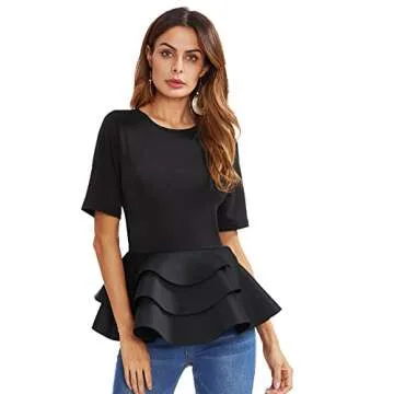 ROMWE Women's Vintage Layered Ruffle Hem Slim Fit Round Neck Peplum Blouse Black L
