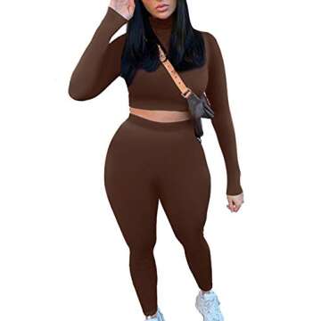 Mulisky Women’s Casual 2 Piece Outfits Sexy Bodycon Long Sleeve Crop Top with Long Pants Tracksuit Set Jumpsuits Coffee S