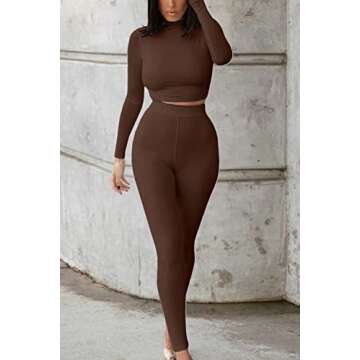 Mulisky Women’s Casual 2 Piece Outfits Sexy Bodycon Long Sleeve Crop Top with Long Pants Tracksuit Set Jumpsuits Coffee S