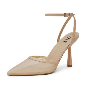 QIY Nude Slingback Heels for Women Mesh Closed Toe Pointy Ankle Strap Heels Kitten Stiletto High Hee...