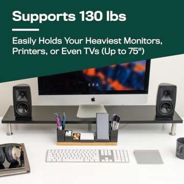 The Original Bamboo Dual Monitor Stand (As Seen On PBS) - 42 Inch Large Monitor Riser for Computer Screens, Laptop or TV - Desk Shelf Adds Storage Space and Improves Ergonomics - Black