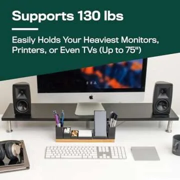 The Original Bamboo Dual Monitor Stand (As Seen On PBS) - 42 Inch Large Monitor Riser for Computer Screens, Laptop or TV - Desk Shelf Adds Storage Space and Improves Ergonomics - Black