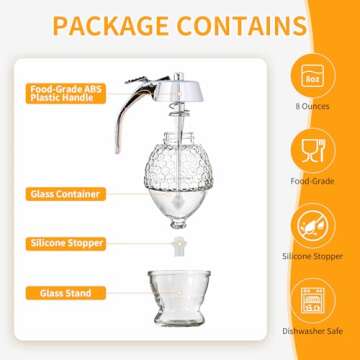 Timtopno Honey Dispenser, Glass Honey Dispenser No Drip, Honey Pot with Stand, 8 oz Honey Jar, Maple Syrup Honey Container, Elegant Honeycomb Design for Home Decor for Any Occasion