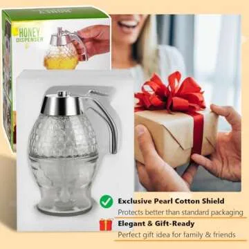 Timtopno Honey Dispenser, Glass Honey Dispenser No Drip, Honey Pot with Stand, 8 oz Honey Jar, Maple Syrup Honey Container, Elegant Honeycomb Design for Home Decor for Any Occasion