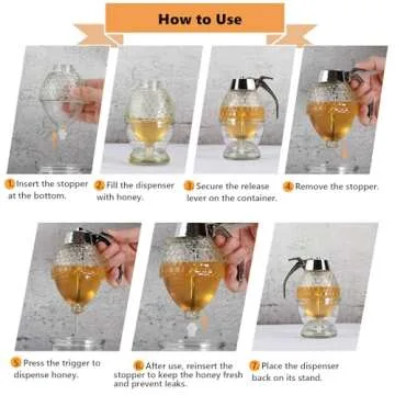 Timtopno Honey Dispenser, Glass Honey Dispenser No Drip, Honey Pot with Stand, 8 oz Honey Jar, Maple Syrup Honey Container, Elegant Honeycomb Design for Home Decor for Any Occasion