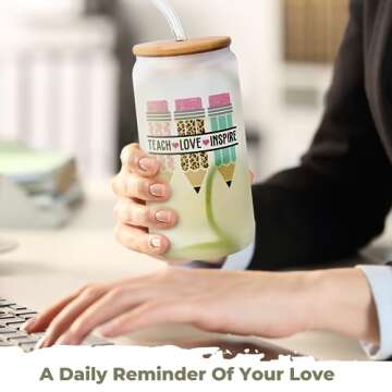 Teacher Appreciation Gifts - Teacher Gifts - Valentines, Back To School Week, Retirement, Birthday, Thank You Presents for Women - Teaching Cup with Lid, Straw & Brush - 16 Oz Can Glass