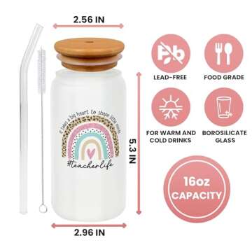 Teacher Appreciation Gifts - Teacher Gifts - Valentines, Back To School Week, Retirement, Birthday, Thank You Presents for Women - Teaching Cup with Lid, Straw & Brush - 16 Oz Can Glass