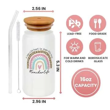 Teacher Appreciation Gifts - Teacher Gifts - Valentines, Back To School Week, Retirement, Birthday, Thank You Presents for Women - Teaching Cup with Lid, Straw & Brush - 16 Oz Can Glass