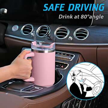 40 oz Tumbler with Handle and Straw, Pink Insulated Travel Mug Iced Coffee Cup, Reusable Stainless Steel Insulated Water Bottle, Keeps Drinks Cold for 34 Hours, Women Christmas Gifts for Mom Grandma