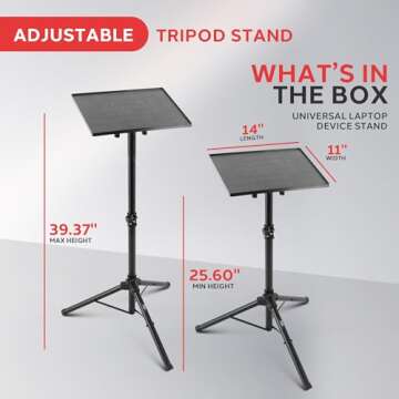 PYLE-PRO Universal Laptop Projector Tripod Stand - Computer, Book, DJ Equipment Holder Mount Height Adjustable Up to 39.37” w/ 14” x 11” Plate Size -for Office, Home, Stage, Studio, DJ Racks Holder