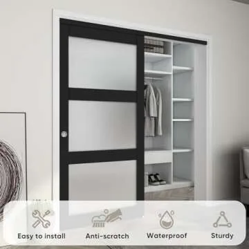 JUBEST 72"x80" Sliding Closet Door - Modern 3-Lite Frosted Glass Design