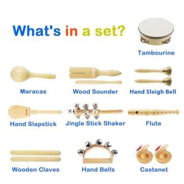 Chriffer Kids Musical Instruments Toys, Percussion Instruments Set with Storage Bag, Preschool Educational Music Toys for Boys Girls, Natural Eco-Friendly Wooden Music Set (10pcs)