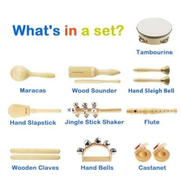 Chriffer Kids Musical Instruments Toys, Percussion Instruments Set with Storage Bag, Preschool Educational Music Toys for Boys Girls, Natural Eco-Friendly Wooden Music Set (10pcs)