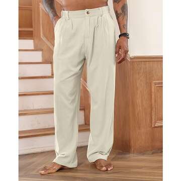 Mens Cotton Linen Pants Elastic Drawstring Waist Trouser Casual Loose Fit Yoga Beach Pants Beige