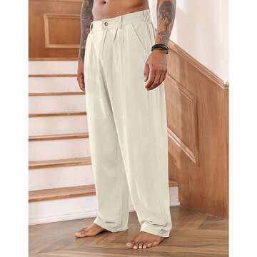 Mens Cotton Linen Pants Elastic Drawstring Waist Trouser Casual Loose Fit Yoga Beach Pants Beige