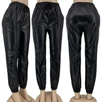 Famnbro Women's Black Leather Jogger Pants Stretchy High Waisted Drawstring Leggings Sweatpants