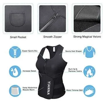 YIANNA Sweat Sauna Suit for Women Neoprene Waist Trainer Vest Zipper Body Shaper with Adjustable Tank Top, YA8012-Black-New-3XL