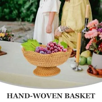Zerodeko Rattan Fruit Bowl Bread Basket Woven Footed Bowl Round Pedestal Plate Dessert Display Platter Snack Serving Dish Tabletop Organizing Basket for Kitchen Counter
