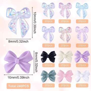 HINZIC 240 Pcs Aurora Bow Nail Charm Iridescent Ribbon Nail Bow Glitter Resin 3D Nail Pearl Rhinesto...