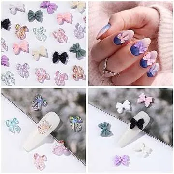 HINZIC 240 Pcs Aurora Bow Nail Charm Iridescent Ribbon Nail Bow Glitter Resin 3D Nail Pearl Rhinestone Valentines Wedding Prom Birthday Accessories for Art Crafts Teens Women Girls