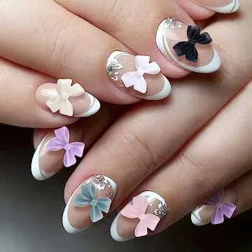 HINZIC 240 Pcs Aurora Bow Nail Charm Iridescent Ribbon Nail Bow Glitter Resin 3D Nail Pearl Rhinestone Valentines Wedding Prom Birthday Accessories for Art Crafts Teens Women Girls