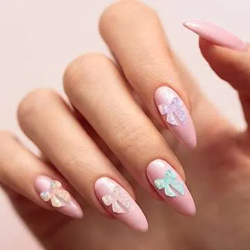 HINZIC 240 Pcs Aurora Bow Nail Charm Iridescent Ribbon Nail Bow Glitter Resin 3D Nail Pearl Rhinestone Valentines Wedding Prom Birthday Accessories for Art Crafts Teens Women Girls