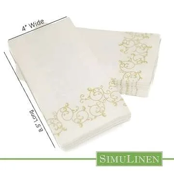 SimuLinen Gold Floral Disposable Linen Feel Bathroom Paper Towels - Soft, Cloth-Like, Single-Use, 12"x17" 100ct (Made in USA)