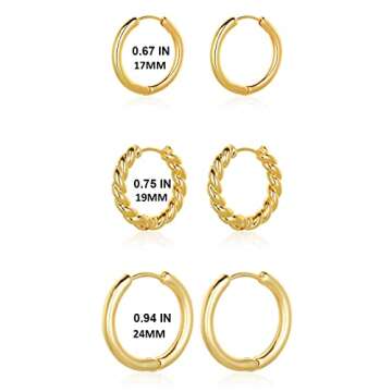 Wgoud Chunky Huggie Hoop Earring 14K Gold Earrings for Men Women Hypoallergenic, Thick Hoops set, Twist (3 Pairs Hoops)