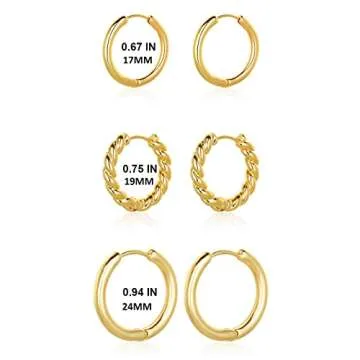Wgoud Chunky Huggie Hoop Earring 14K Gold Earrings for Men Women Hypoallergenic, Thick Hoops set, Twist (3 Pairs Hoops)