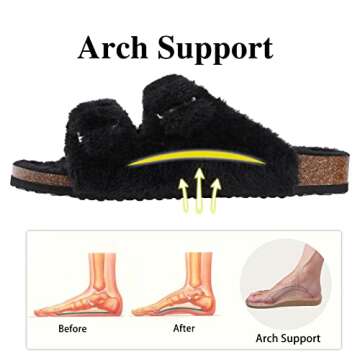 KIDMI Fuzzy Slippers Women with Cork Footbed Fluffy Slides Open Toe Indoor House Shoes | Arch Support | Adjustable Buckles