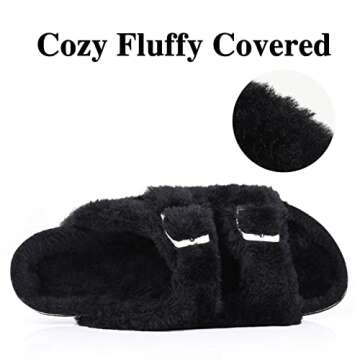 KIDMI Fuzzy Slippers Women with Cork Footbed Fluffy Slides Open Toe Indoor House Shoes | Arch Support | Adjustable Buckles